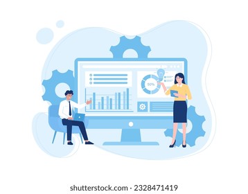 Man and woman doing presentation with data analyst trending concept flat illustration