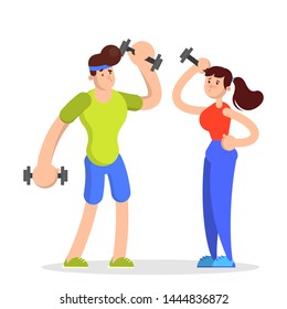 Man and woman doing sport exercise with a dumbbell in the gym. Lifting weight. Active and healthy lifestyle. solated vector illustration in cartoon style