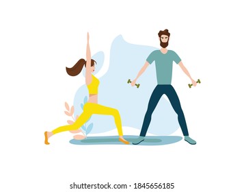 man and woman doing sports, sports exercises, vector illustration on a white background