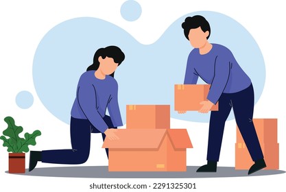 a man and woman doing teamwork for packaging with simple flat design concept