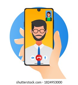 A man and woman doing video call using phone. Video conference, online meeting, webinar for business concept illustration