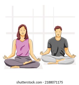 Man woman doing yoga exercise relaxing body and mind indoor