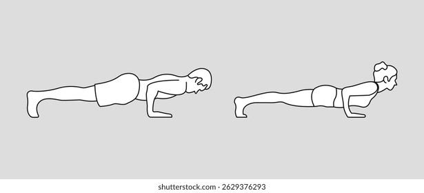 Man and woman doing Yoga. Four limbed staff pose vector. Man and Woman preparing to push up exercise.