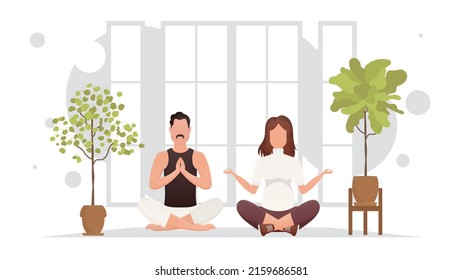 A man and a woman are doing yoga in the lotus position in the room. Meditation. Cartoon style. Vector illustration