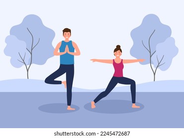 Man and woman doing yoga in a park for healthy and relaxation. Couple exercise concept vector illustration.