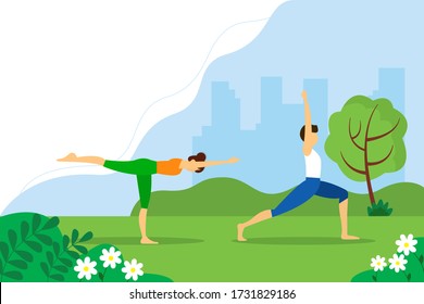 Man and woman doing yoga together in the Park. Illustration of the concept of a healthy lifestyle, exercise, yoga. Vector illustration in flat style. 