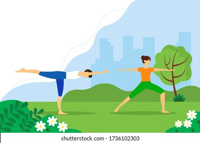 Man and woman doing yoga together in the Park. Illustration of the concept of a healthy lifestyle, exercise, yoga. Vector illustration in flat style. 