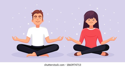 Man and woman doing yoga. Yogi sitting in padmasana lotus pose, meditating, relaxing, calm down 