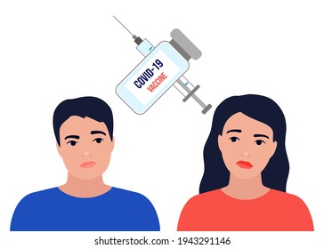 Man and woman doubt, pensive solve question, do choice vaccination. Comparison, ratio between vaccine and virus sick risk. Worried, confused people. Vector