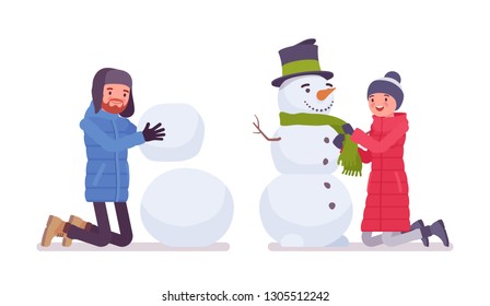 Man and woman in a down jacket making snowman, wearing soft warm winter clothes, classic snow boots and hat. City outfit concept. Vector flat style cartoon illustration isolated on white background