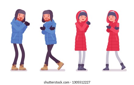 Man and woman in a down jacket negative emotions, wearing soft warm winter clothes, classic snow boots and hat. City outfit concept. Vector flat style cartoon illustration isolated on white background