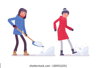 Man and woman in down jacket working with spade, kicking snowdrop, wearing warm winter clothes, snow boots, hat. City outfit concept. Vector flat style cartoon illustration isolated, white background