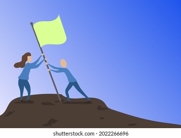 Man And Woman Drawing Standing Setting Up Flag On Peak Of Mountain. Colleagues Design Sticking Banner Pole Hill Top Showing Goals Reached Through Teamwork.