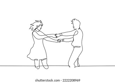 man and woman in dress holding hands dancing in the wind - one line drawing vector. concept a couple of lovers or heterosexual friends have fun in nature, dance in the windy outdoors
