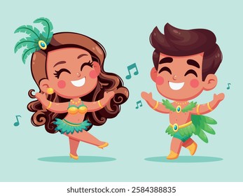 Man and woman dressed for Brazilian carnival in Rio de Janeiro, samba dancers in feather suits, cartoon vector illustration isolated on white background. Brazilian couple in carnival feather suits 