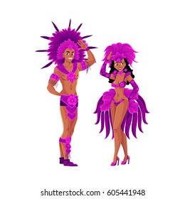 Man and woman dressed for Brazilian carnival in Rio de Janeiro, samba dancers in feather suits, cartoon vector illustration isolated on white background. Brazilian couple in carnival feather suits