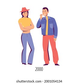 Man and woman dressed in clothes of 2000 fashion flat isolated vector illustration