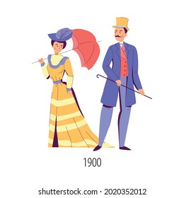 Man and woman dressed in fashion of beginning of twentieth century flat isolated vector illustration