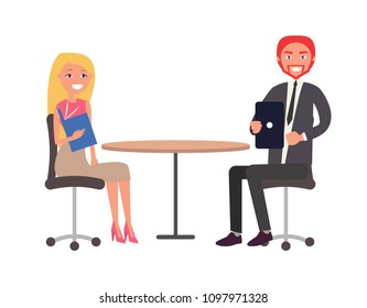 Man and woman dressed in formal cloth sitting at round table and discussing business issues vector illustration isolated on white background