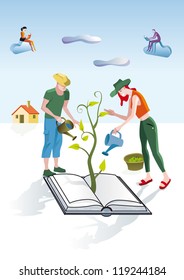 A man and a woman dressed as gardeners work creatively. They care and pamper a book from which emerges a green plant. Other people are reading and studying some books in the clouds.