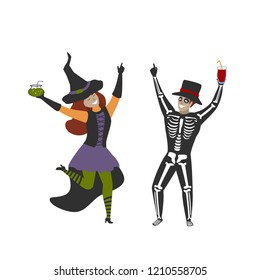 man and woman dressed in Halloween skeleton and witch costumes celebrating party isolated vector illustration scene