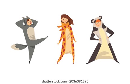Man and Woman Dressed in Onesie Representing Various Animal Vector Set