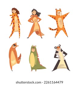 Man and Woman Dressed in Onesie Representing Various Animal Vector Set