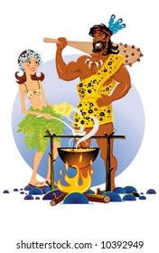 Man and woman dressed prehistoric times. Comic illustration.