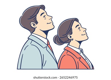 Um homem e uma mulher, vestidos com trajes profissionais, olham para cima com sorrisos. O seu olhar ascendente sugere esperança, antecipação, e uma visão positiva para o futuro.