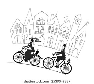 Un hombre y una mujer vestidos con bicicletas de paseo de moda retro. Siluetas negras sobre un fondo de un casco antiguo. Vector dibujado a mano boceto.