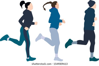 man and woman dressed in sports clothes running. Flat cartoon characters isolated on white background. Vector illustration.
