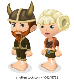 A man and a woman dressed as a Viking isolated on white background. Vector illustration.