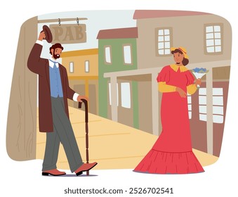 Man And Woman Dressed In Vintage Wild West Attire Walk Past Old Western Buildings. Man Tips His Hat While The Woman Holds A Bouquet Of Flowers, Reflecting Elegance And Charm In A Historical Setting