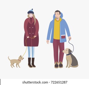 Man and woman dressed in winter clothing standing, holding their dogs in leashes and looking at each other. Cartoon characters with pets isolated on white background. Colored vector illustration.