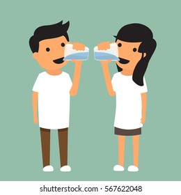 hombre y mujer beben suficiente agua en el concepto de salud para publicidad y etc. Concepto saludable ilustración vectorial.