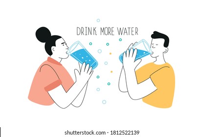 A man and a woman drink water. The concept of safe clean drinking water for health and global concern for the environment. Vector illustration