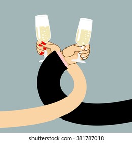 Man and woman drink wine. Mens arm and beverage of champagne. Female fingers holding glass with white sparkling. Drinking brotherhood. Illustration of romantic for first date