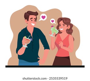 a man and a woman drinking alcoholic cocktail, concept of flirting and passion. People take advantage of happy hour to talk and have fun. vector illustration.