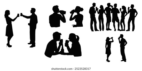 Man and woman drinking beer, happy male and female friends drinking beer vector silhouette	