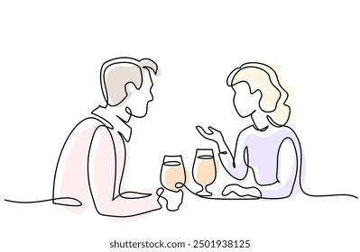 Man and woman drinking beer or wine. Continuous one line drawing. Hand drawn vector illustration.