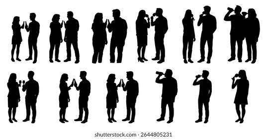 Man and woman drinking beer and wine silhouette, friends having a drink, celebration, champagne glasses
