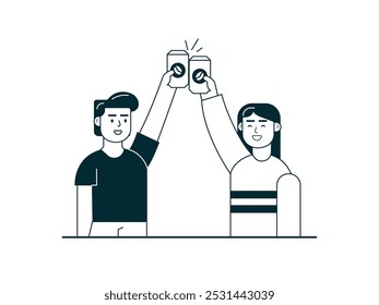 Man and woman are drinking canned coffee together while cheers, friendship. Character design. Vector flat illustration