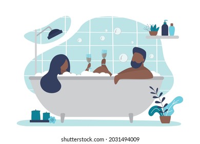 Man and woman drinking champagne in bath. African american couple relaxing in bathroom. Husband and wife enjoy romantic home time. Lovers together carry out spa treatments. Flat vector illustration