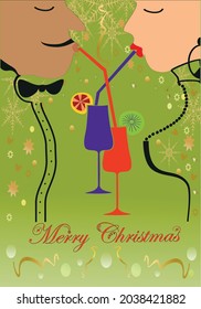 Man and woman drinking cocktail abstraction vector illustration. Christmas background with snowflakes. Romantic date of lovers. Merry Christmas text.

