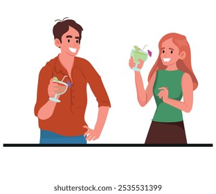 a man and a woman drinking cocktail, concept of flirting and passion. People take advantage of happy hour to talk and have fun. vector illustration.