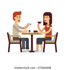 Man and woman drinking coffee in a cafe, vector flat illustration. People spend their time in the cafeteria, drinking coffee and eating desserts. Modern couple in cafe drink coffee.