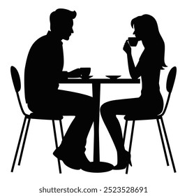 Man and woman drinking coffee, couple drinking coffee and talking vector silhouette	
