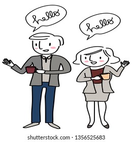 Man and woman drinking coffee. Set of happy people standing, holding a cup of coffee and greeting someone with word bubble "Hello" included. Smiling man and woman with cups of coffee greeting someone.