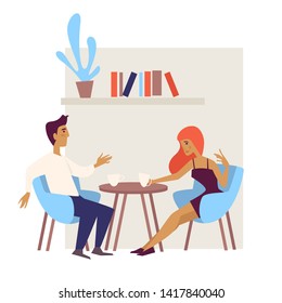 Man and woman drinking coffee at table date couple in cafe vector male and female characters girl and guy boyfriend and girlfriend cafeteria interior design furniture chairs and shelf plant and books