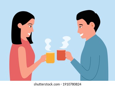 Man and woman drinking hot coffee or tea during meeting at office. Coffee break. Coffee lover.